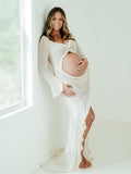 Ivory Sheer Ruffle Cut Out Crop Slit Falbala Deep V-neck Mermaid Elegant Maternity Photoshoot Maxi Dress Maternity