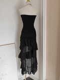 High Low Strapless Black Chiffon Ruffles Vacation Dress Women Dresses SD140