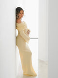Yellow Knit Off Shoulder Flare Sleeve Mermaid Bodycon Elegant Vacation Photoshoot Baby Shower Maternity Maxi Dress Maternity