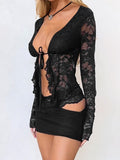 Tied Front Ruffled Long Sleeve Lace Shirt DJPT