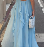 A Line Halter Blue Chiffon Backless Long Evening Dress Prom Dresses SD1660