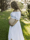 Solid Color Off Shoulder Backless Ruffle Crop Side Slit 2-in-1 Photoshoot Maternity Maxi Dress Maternity