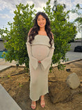 Green Knit Off Shoulder Flare Sleeve Bodycon Elegant Going Out Maternity Photoshoot Maxi Sweater Dress Maternity