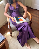 A-Line V Neckline Grape Satin Long Prom Dresses Formal Evening Dress SD1389