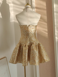 Ball Gown Strapless Travel Vacation Dresses Short Satin Gold Birthday Dress SD321