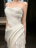 White Mermaid One Shoulder Satin Lace Pleats Wedding Dress SD1738