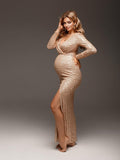 Golden Glitter Sequin Side Slit V-neck Elegant Eevning Gown Maternity Photoshoot Baby Shower Party Maxi Dress Maternity