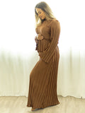 Brown Pleated Ruffle Belted Elegant Photoshoot Baby Shower Maternity Maxi Dress Maternity