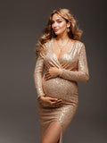 Golden Glitter Sequin Side Slit V-neck Elegant Eevning Gown Maternity Photoshoot Baby Shower Party Maxi Dress Maternity