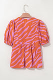 Stripe Print Ruched Cuff Half Sleeve V Neck Blouse DJPT