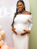 White Mesh Irregular Ruched Draped Off Shoulder Bodycon Elegant Cocktail Party Gown Maternity Photoshoot Baby Shower Maxi Dress Maternity