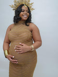 Gold Rhinestone Mesh Sleeveless Backless Photoshoot Bodycon Evening Plus Size Maternity Maxi Dress Maternity
