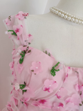 A Line Straps Pink Floral Tulle Lace Prom Dresses Birthday Outfits SD377