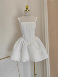 A Line Straps White Satin Vacation Dresses Short Birthday Dress SD238