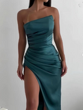 Sheath Strapless Neckline Slit Satin Long Party Dress Prom Dresses SD2446