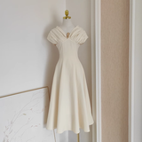 A Line V neckline Satin Dinner Party Dresses Ivory Birthday Outfits SD376