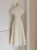 A Line V neckline Satin Dinner Party Dresses Ivory Birthday Outfits SD376