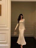 Mermaid Square Neckline Long Sleeves White Long Prom Dresses Birthday Dress SD292