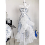 High Low Strapless Floor Length Light Blue Flowers Prom Dresses Birthday Dress SD467