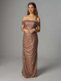 Sparkly Sequin Off Shoulder Side Slit Draped Evening Gown Maternity Photoshoot Elegant Baby Shower Party Maxi Dress Maternity