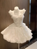 Ball Gown Straps White Chiffon Short Cocktail Dresses Birthday Outfits SD573