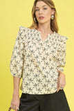 Ruffled Bow Print Notched Blouse DJPT