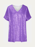 Size Sequin V-Neck Short Sleeve Top DJPT