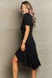 Decorative Button Surplice Ruffle Hem Dress DJPT
