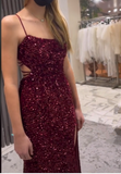 Mermaid Spaghetti Straps Burgundy Sequin Prom Dresses Party Dress SD1316