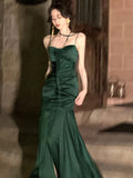 Sheath Spaghetti Straps Floor Length Green Satin Prom Dresses Birthday Dress SD452
