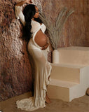 White Ruffle Cut Out Crop Irregular Split Sheer Vacation Dress Bodycon Photoshoot Maternity Maxi Dress Maternity