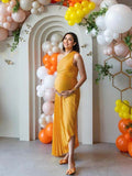 Yellow Pleated Cut Out One Shoulder Big Swing Plus Size Elegant Maternity Photoshoot Baby Shower Maxi Dress Maternity