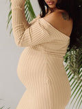 Apricot Off Shoulder Boat Neck Elegant Long Sleeve Baby Shower Maternity Photoshoot Sweater Dress Maternity