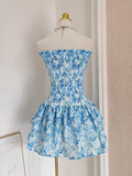 A line Strapless Sleeveless Blue Floral Party Dress Short Birthday Outfits SD380