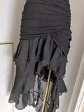 High Low Strapless Black Chiffon Ruffles Vacation Dress Women Dresses SD140