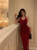 Sheath Halter Red Slit Velvet Prom Dresses Birthday Outfits SD771