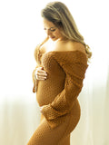 Coffee Color V-Neck Knitting Cut Out Beach Vacation Photoshoot Maternity Maxi Dress Maternity