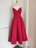 A line Spaghetti Straps Red Vacation Dress Satin Women Birthday Dresses SD442