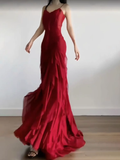 Sheath Spaghetti Straps Burgundy Chiffon Long Ruffles Party Dresses Birthday Dress SD580