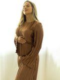 Brown Pleated Ruffle Belted Elegant Photoshoot Baby Shower Maternity Maxi Dress Maternity