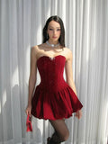 A Line Strapless Burgundy Velvet Ruffles Vacation Dresses Short Birthday Outfits SD336