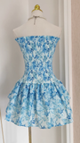 A line Strapless Sleeveless Blue Floral Party Dress Short Birthday Outfits SD380