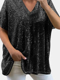 Size Sequin V-Neck Short Sleeve Top DJPT
