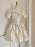 A line Short Sleeves Satin Gold Floral Cocktail Dress Short Birthday Outfits SD401
