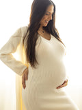 White Knitting V-Neck Bodycon Two Pieces Cardigan Elegant Baby Shower Maternity Maxi Sweater Dress Maternity