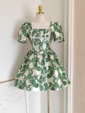 A line Short Sleeves Satin Green Floral Cocktail Dress Short Birthday Outfits SD400