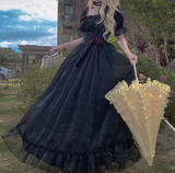 A Line Square Neckline Short Sleeves Black Chiffon Long Party Dresses Birthday Dress SD584