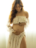Two Piece Boho Flower Printing Off Shoulder Chiffon Crop Bandeau Photoshoot Maternity Maxi Dress Maternity