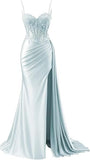 Mermaid Spaghetti Straps Sage Green Long Satin Prom Dresses Formal Evening Dress SD2416