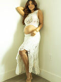White Lace Cut Out Crop Hollow Irregular 2-in-1 Babyshower Maternity Maxi Dress Maternity